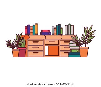 desk with stack of books on white background
