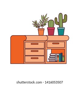 desk with stack of books on white background