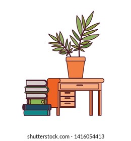 desk with stack of books on white background