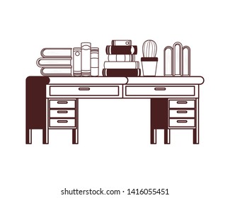 desk with stack of books on white background