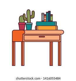 desk with stack of books on white background