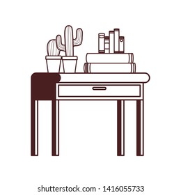 desk with stack of books on white background