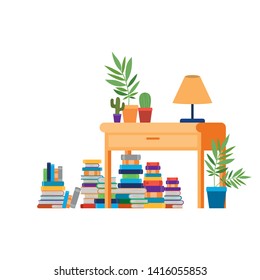 desk with stack of books on white background