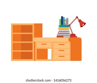 desk with stack of books on white background