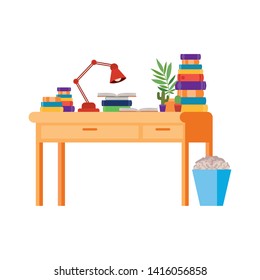 desk with stack of books on white background
