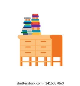 desk with stack of books on white background
