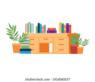 desk with stack of books on white background