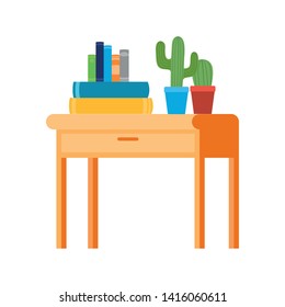 desk with stack of books on white background
