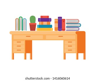 desk with stack of books on white background