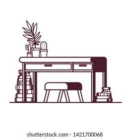 desk with stack of books on white background