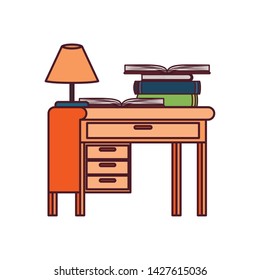 desk with stack of books on white background