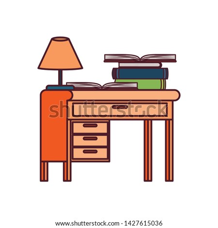 desk with stack of books on white background