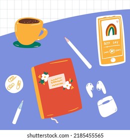 Desk With Stationary, Coffee Cup, Phone Playing Music And Notepad. Flat Lay Cute Illustration.