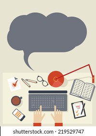 Desk with  stationery objects seen from above