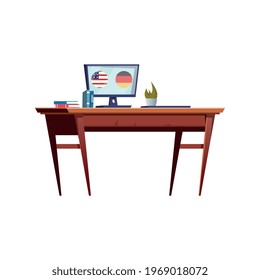 Desk of student learning foreigh languages with computer and books flat icon vector illustration