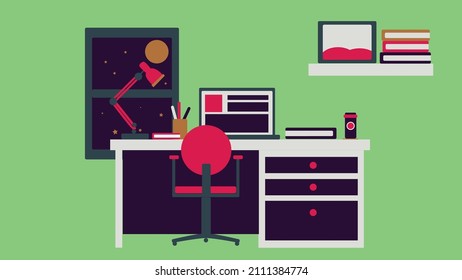 Desk for Study at Home at Night. Workspace. Moon, Star, Window, Lamp, Book, Stationary, Laptop, Beverage, Picture, Chair, and Table. Flat Design. Vector Illustration,