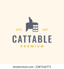 desk table with cat modern minimalist interior furniture simple logo design vector icon illustration