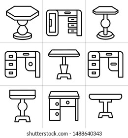 desk, table and chair icons set, line design