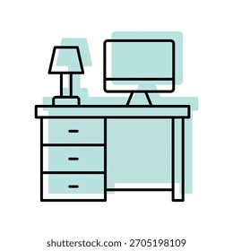 Icono de línea delgada de sombra de color de mesa de escritorio, Vector, píxel perfecto, archivo ilustrador 