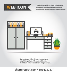 Desk, table with computer, plant, folders and box of folders, vector.