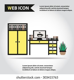 Desk, table with computer, plant, folders and box of folders, vector.