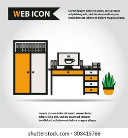 Desk, table with computer, plant, folders and box of folders, vector.