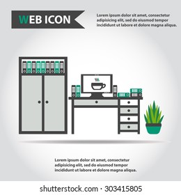 Desk, table with computer, plant, folders and box of folders, vector.