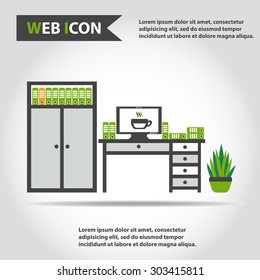 Desk, table with computer, plant, folders and box of folders, vector.