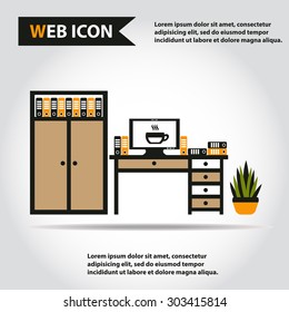 Desk, table with computer, plant, folders and box of folders, vector.