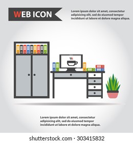 Desk, table with computer, plant, folders and box of folders, vector.