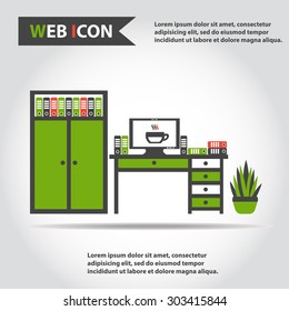 Desk, table with computer, plant, folders and box of folders, vector.
