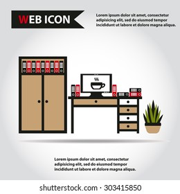 Desk, table with computer, plant, folders and box of folders, vector.