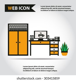 Desk, table with computer, plant, folders and box of folders, vector.
