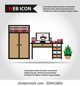 Desk, table with computer, plant, folders and box of folders, vector.