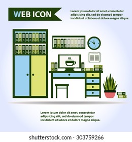 Desk, table with computer, plant, folders and box of folders, vector.