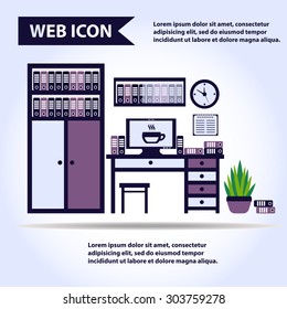 Desk, table with computer, plant, folders and box of folders, vector.