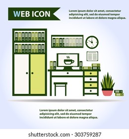 Desk, table with computer, plant, folders and box of folders, vector.