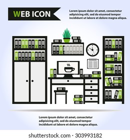 Desk, table with computer, plant, folders and box of folders, vector.