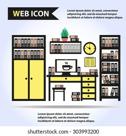 Desk, table with computer, plant, folders and box of folders, vector.