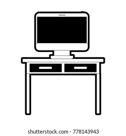 desk table with drawers and desktop computer above in front view in black silhouette