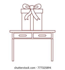 desk table with drawers front view with big gift box in dark red contour