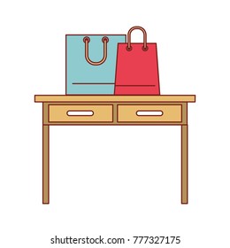 desk table with drawers front view with shopping bags above in colorful silhouette