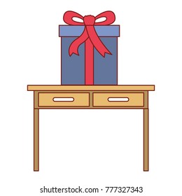 desk table with drawers front view with big gift box in colorful silhouette