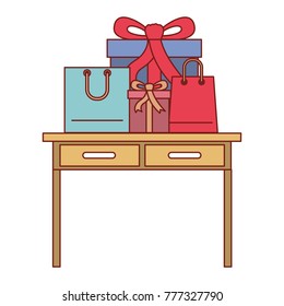 desk table with drawers front view with gifts box and bags above in colorful silhouette