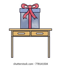 desk table with drawers front view with big gift box in colored crayon silhouette