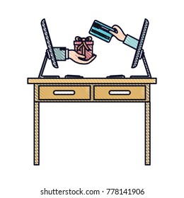 desk table with drawers front view and desktop computer with gift purchase online in colored crayon silhouette
