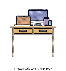desk table with drawers front view with tech devices above in colored crayon silhouette