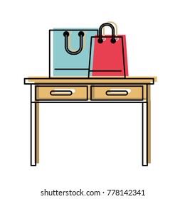 desk table with drawers front view with shopping bags above in watercolor silhouette