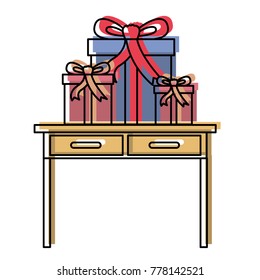desk table with drawers front view with gifts boxes in watercolor silhouette