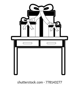 desk table with drawers front view with gifts boxes in black silhouette